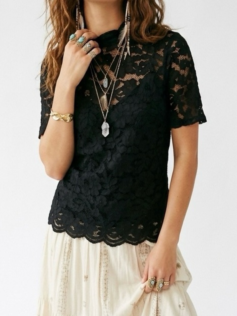 Forever 21 Black Floral Lace Mock Neck Short Sleeve Blouse Top Sheer Coquette S